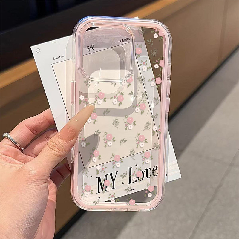 Phone Cases Bulk - เคสโทรศัพท์ใส TPU นิ่มลายใบไม้สีเขียว ดอกไม้สีชมพู 2in1 สำหรับ